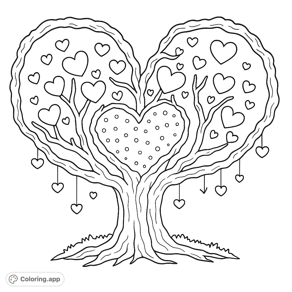 Enchanting heart tree coloring page. A whimsical design with heart-shaped leaves and trunk, perfect for Valentine's Day or love-themed art projects.