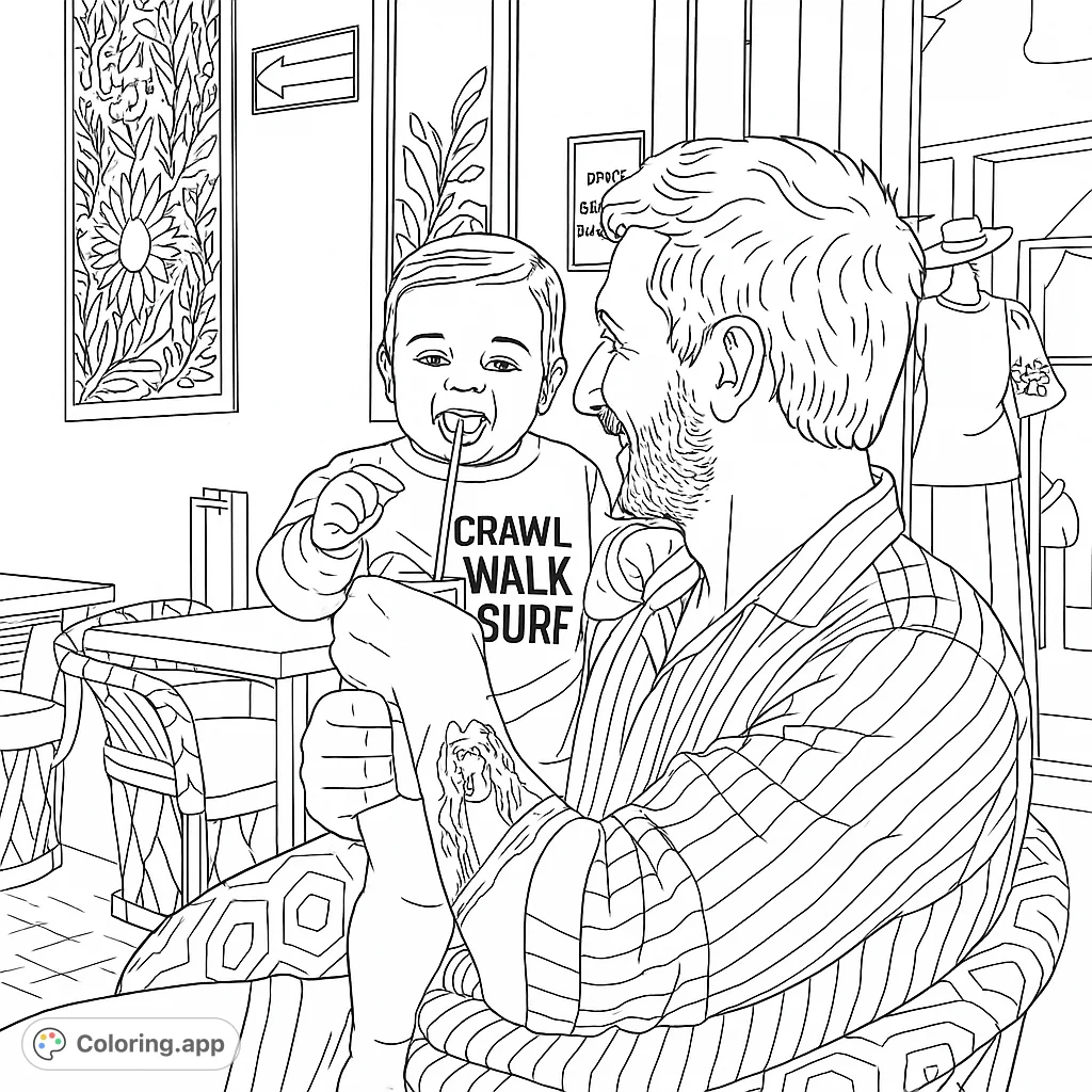 A heartwarming coloring page of a father holding his baby. The baby is drinking from a straw.
