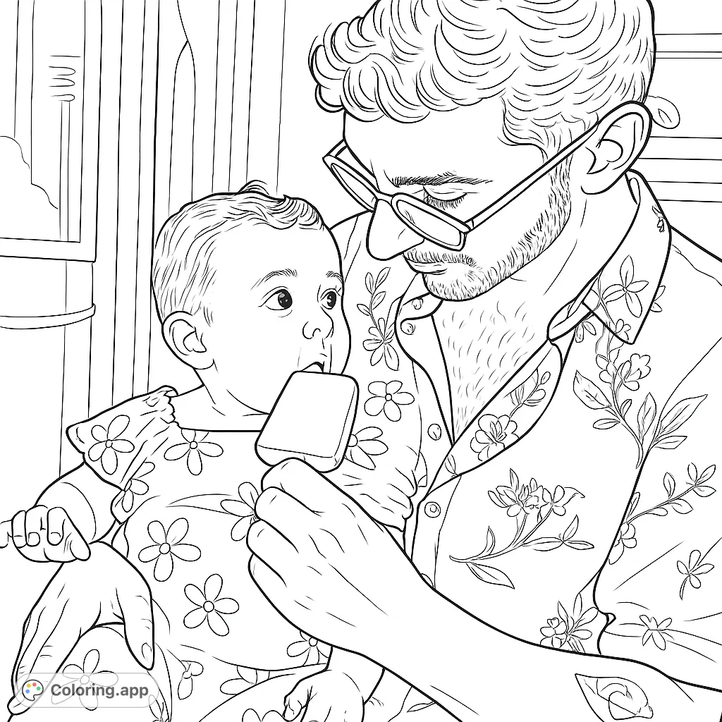 Delightful coloring page of a baby enjoying a popsicle with her dad. A heartwarming scene to color!