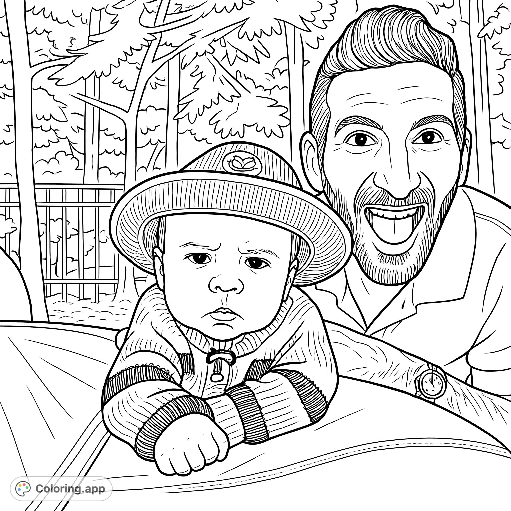 A cute baby in a hat and sweater with his dad. A heartwarming family moment to color.
