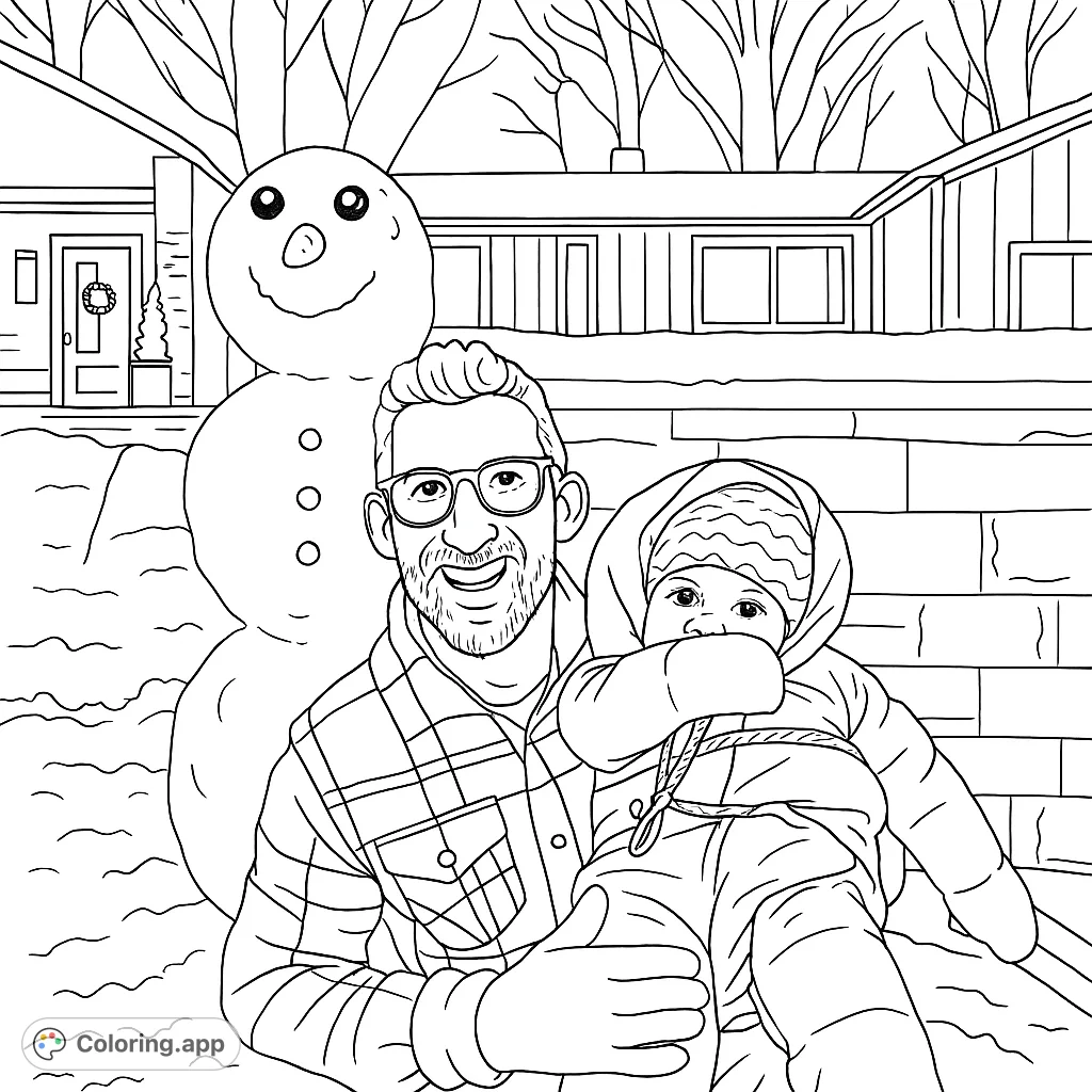 A happy dad and baby pose with a snowman in this delightful winter scene. A heartwarming coloring page for family fun and winter joy.