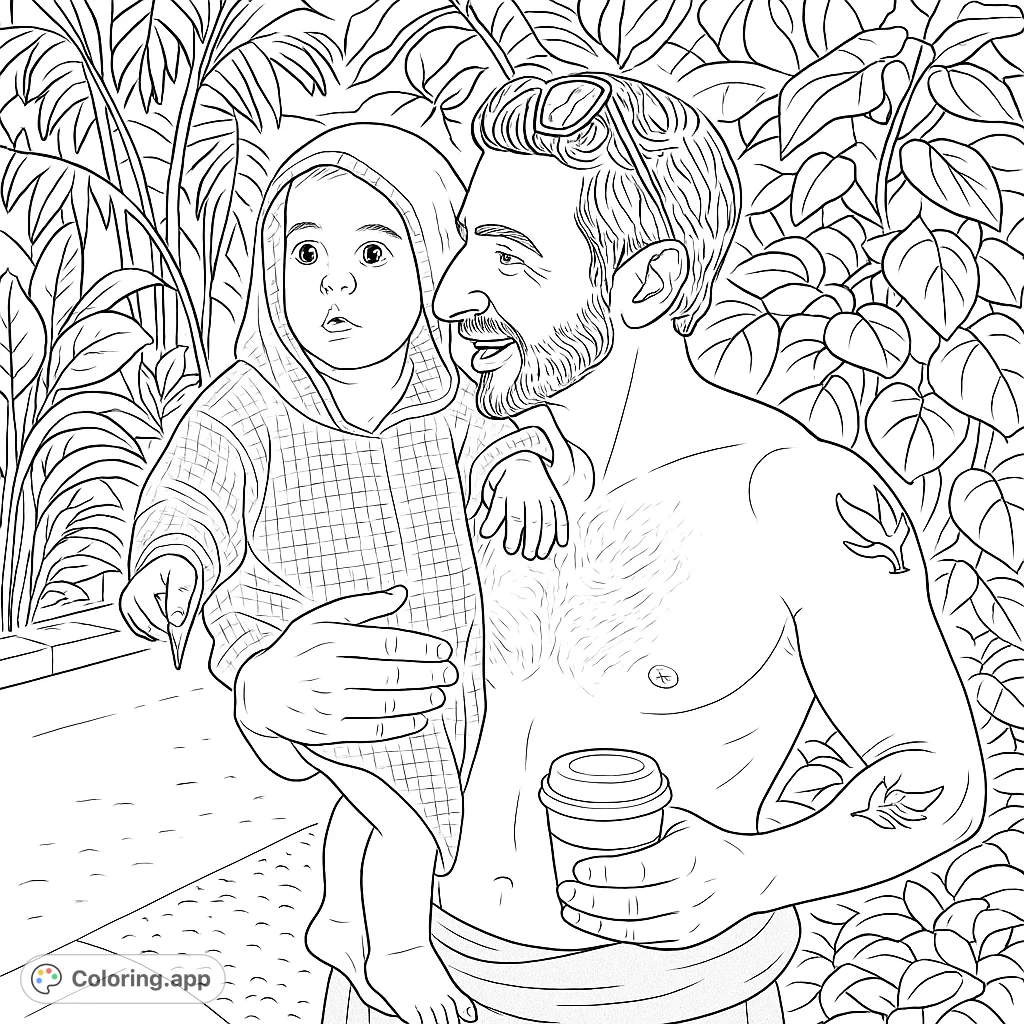 A heartwarming coloring page of a father holding his baby. This image captures a tender moment, perfect for creative coloring fun.