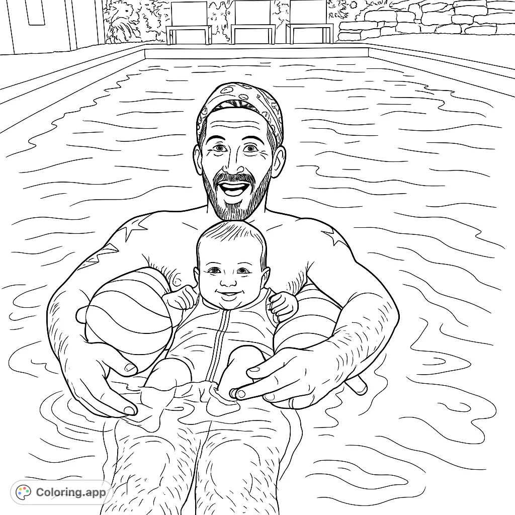 A dad and baby enjoy a swim in the pool. This coloring page captures a heartwarming summer moment, perfect for family fun and creative expression.