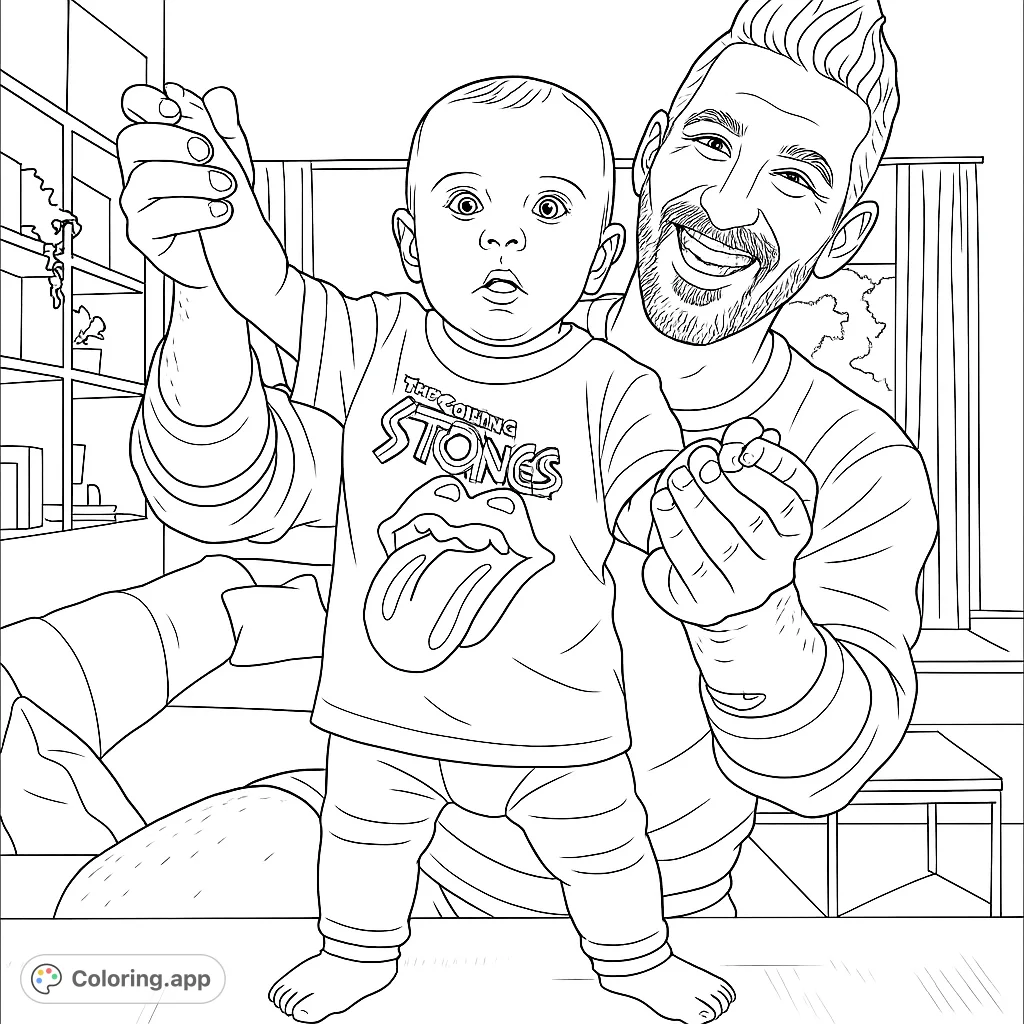 A cute baby wearing a Rolling Stones t-shirt is held up by their father in this heartwarming coloring page. A fun activity for kids and adults!