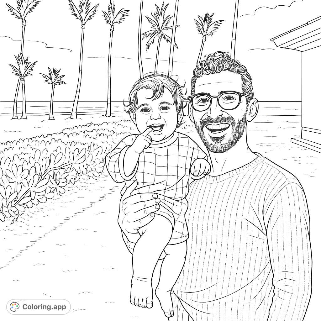 A happy father holds his baby girl on a tropical beach. This coloring page features palm trees and a beautiful ocean backdrop.