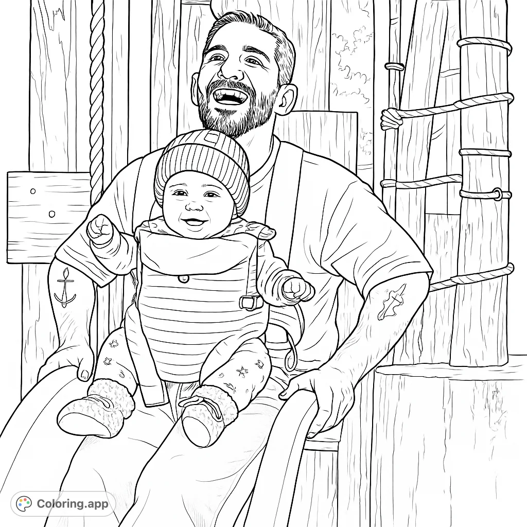 A happy dad and baby on a slide. This coloring page features a cute baby in a carrier and a smiling father enjoying a fun day at the park.