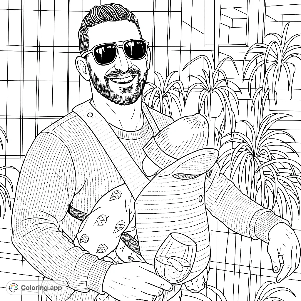 A happy dad with his baby in a carrier, enjoying a drink. A heartwarming coloring page for parents and caregivers to enjoy.