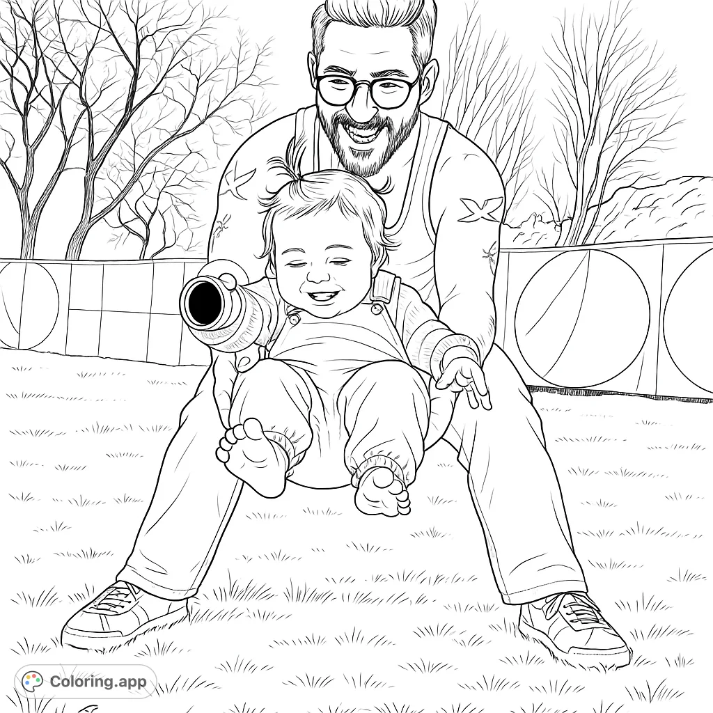 A heartwarming coloring page of a father holding his baby girl in the park. A sweet family moment to color and enjoy.