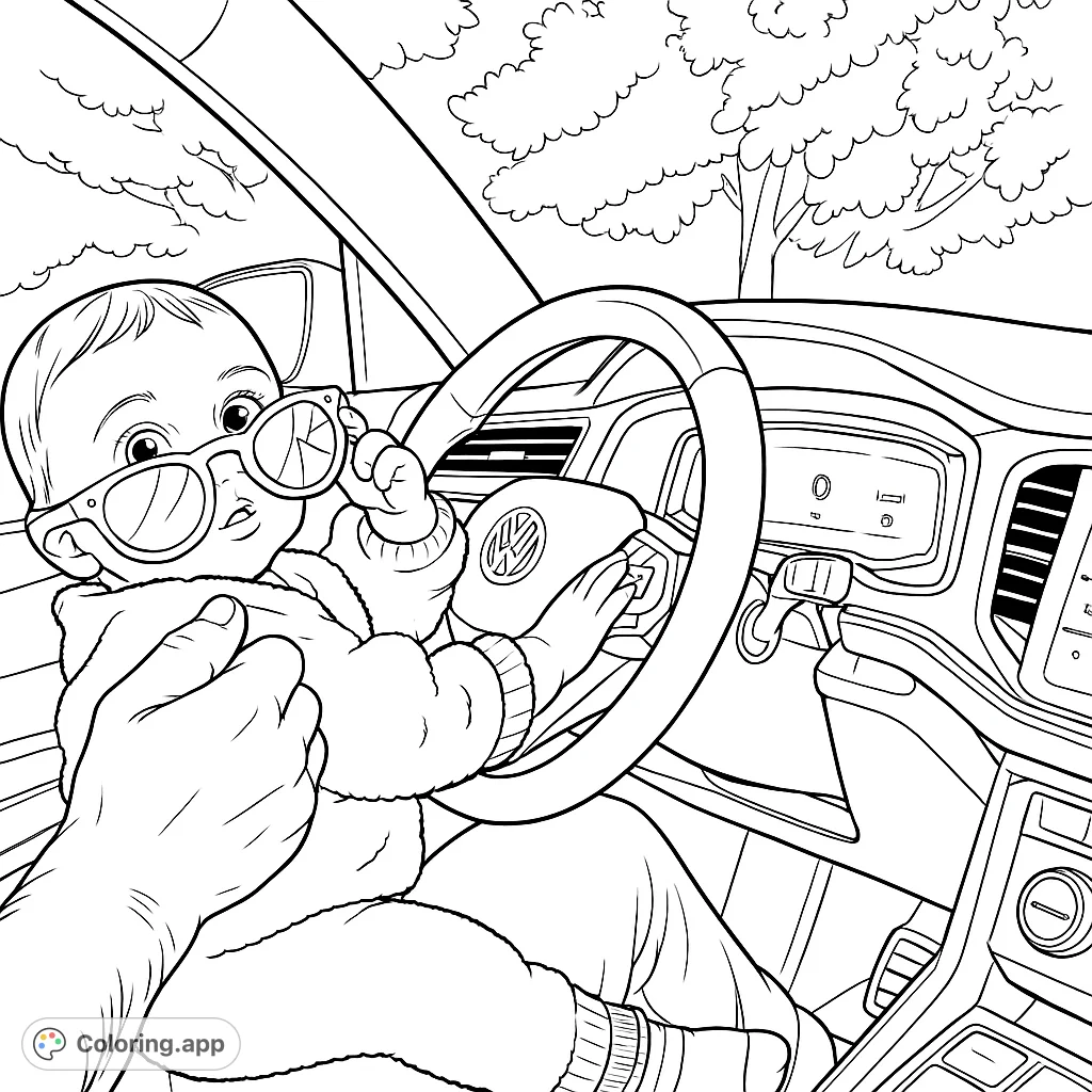 Adorable baby at the wheel with sunglasses! A cute and fun coloring page for kids who love cars and pretend play.