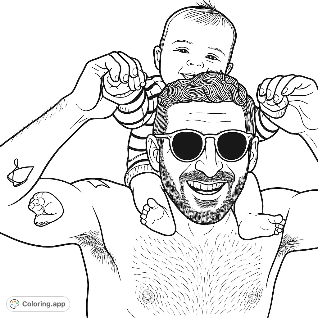 A heartwarming coloring page of a father carrying his baby on his shoulders at the beach. A tender moment to color!