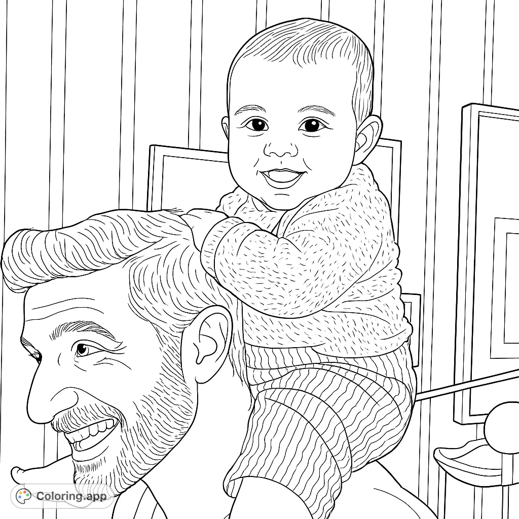 A heartwarming coloring page of a father carrying his baby on his shoulders. A tender moment captured in a detailed line art style.