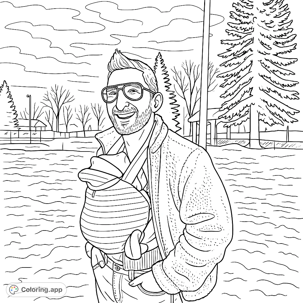 A happy dad with his baby in a carrier, enjoying a winter day at the park. A heartwarming scene to color and share with your family.