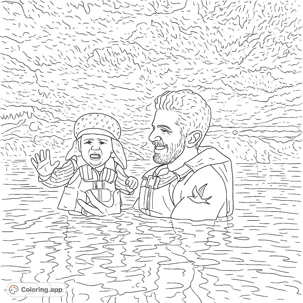A heartwarming coloring page of a father and baby swimming in a cave. A tender moment captured in a unique setting.