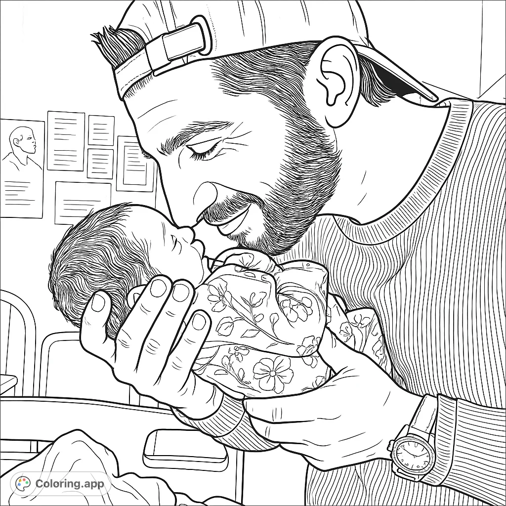 Heartwarming coloring page of a father gently holding his newborn baby. A tender moment captured in a detailed line drawing.