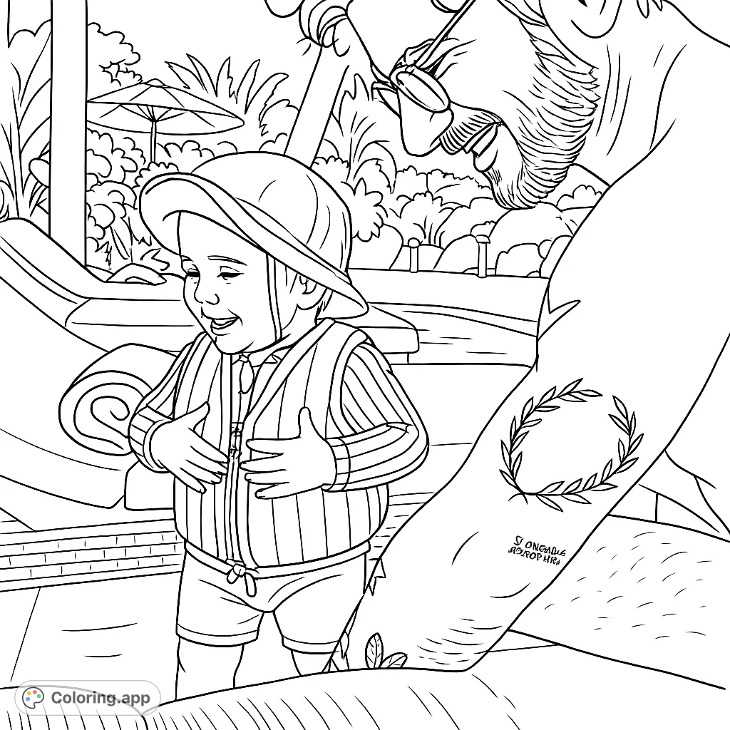 A cute toddler in a sun hat and life vest enjoys a tropical vacation with their dad. A heartwarming family moment to color!