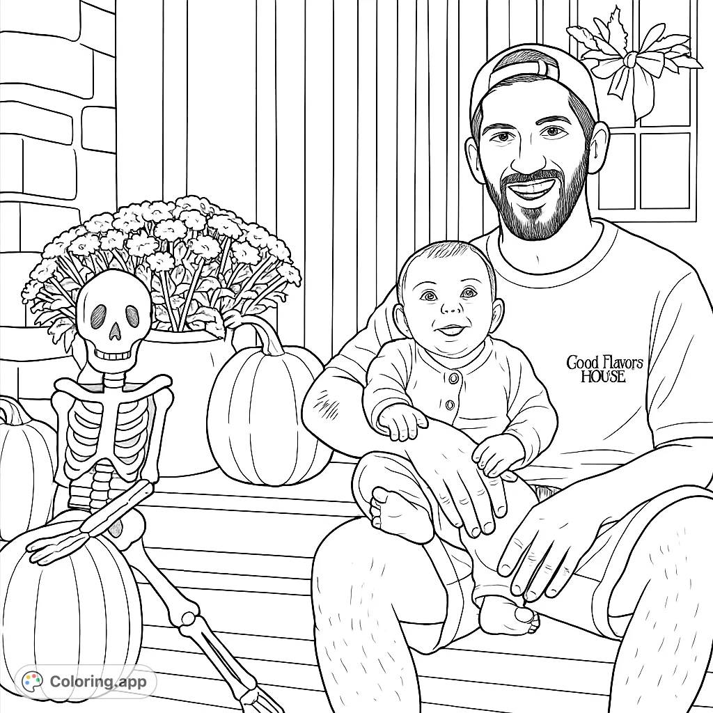 A cute Halloween scene with pumpkins, a skeleton, and a baby! A fun and festive coloring page for kids and adults to enjoy this spooky season.
