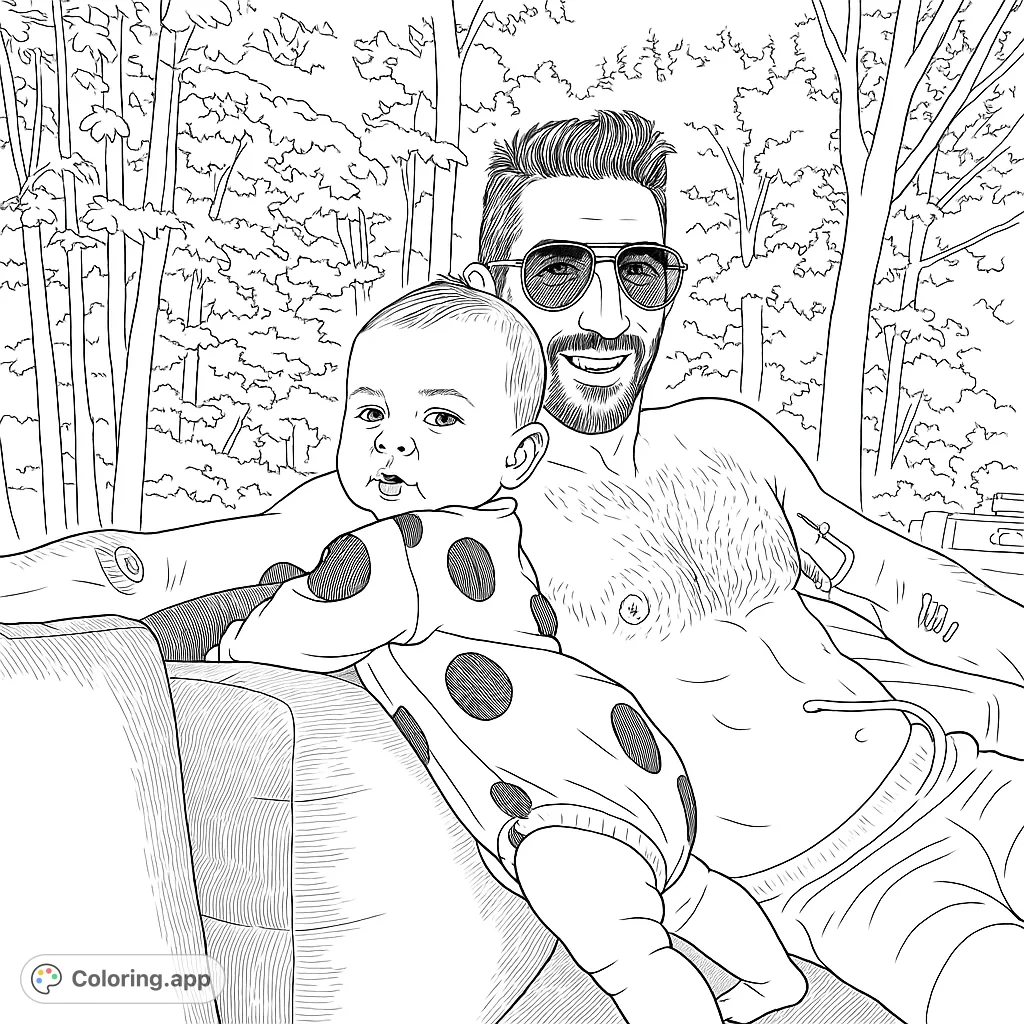 A heartwarming coloring page of a father and his baby, enjoying a sunny day. A beautiful moment to color and share!