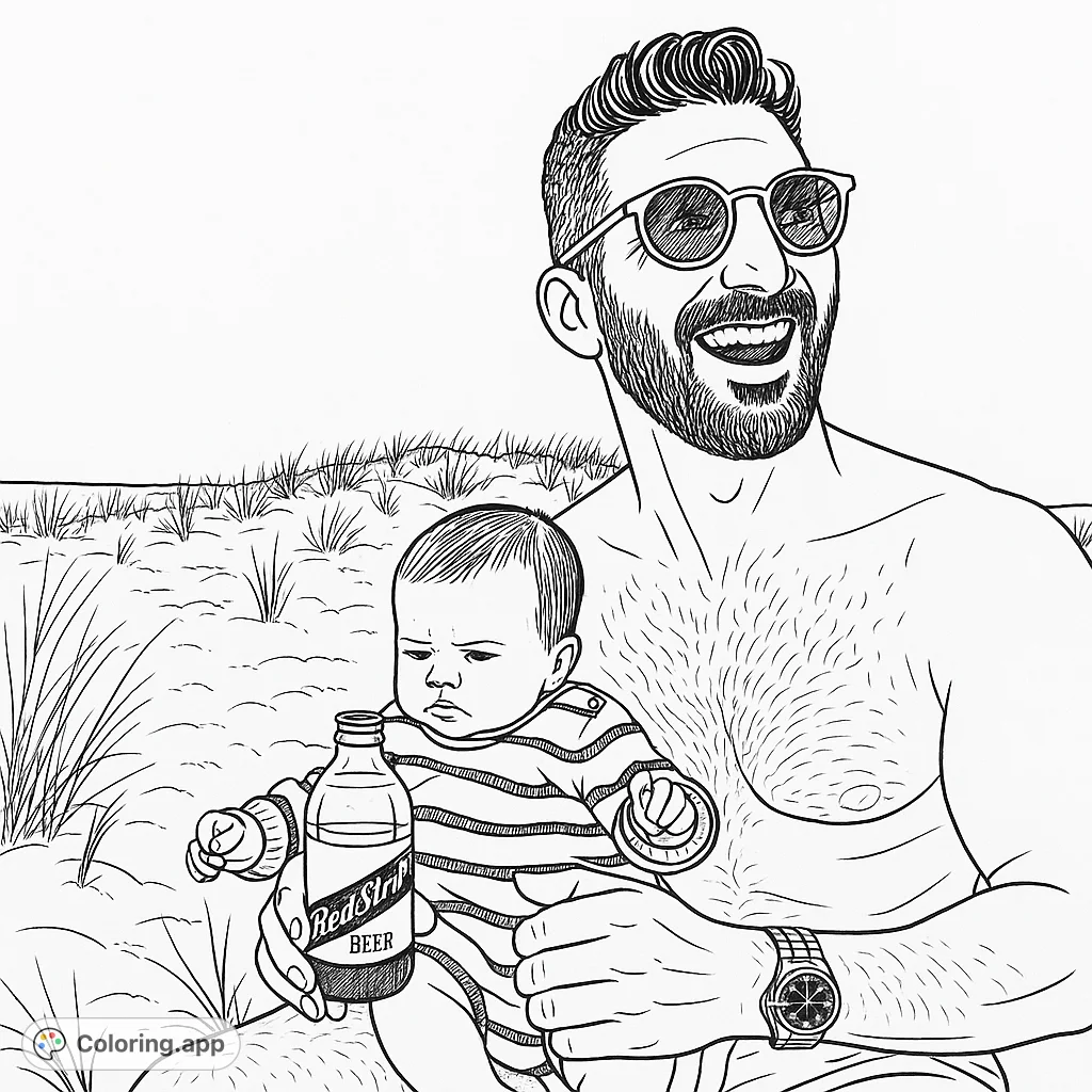 A heartwarming coloring page of a father holding his baby on the beach. Features a cute baby and a smiling dad.