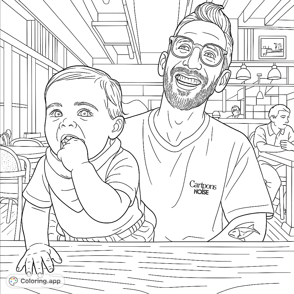 A happy dad and his baby girl are smiling at the camera. This coloring page is perfect for family fun and creative expression.