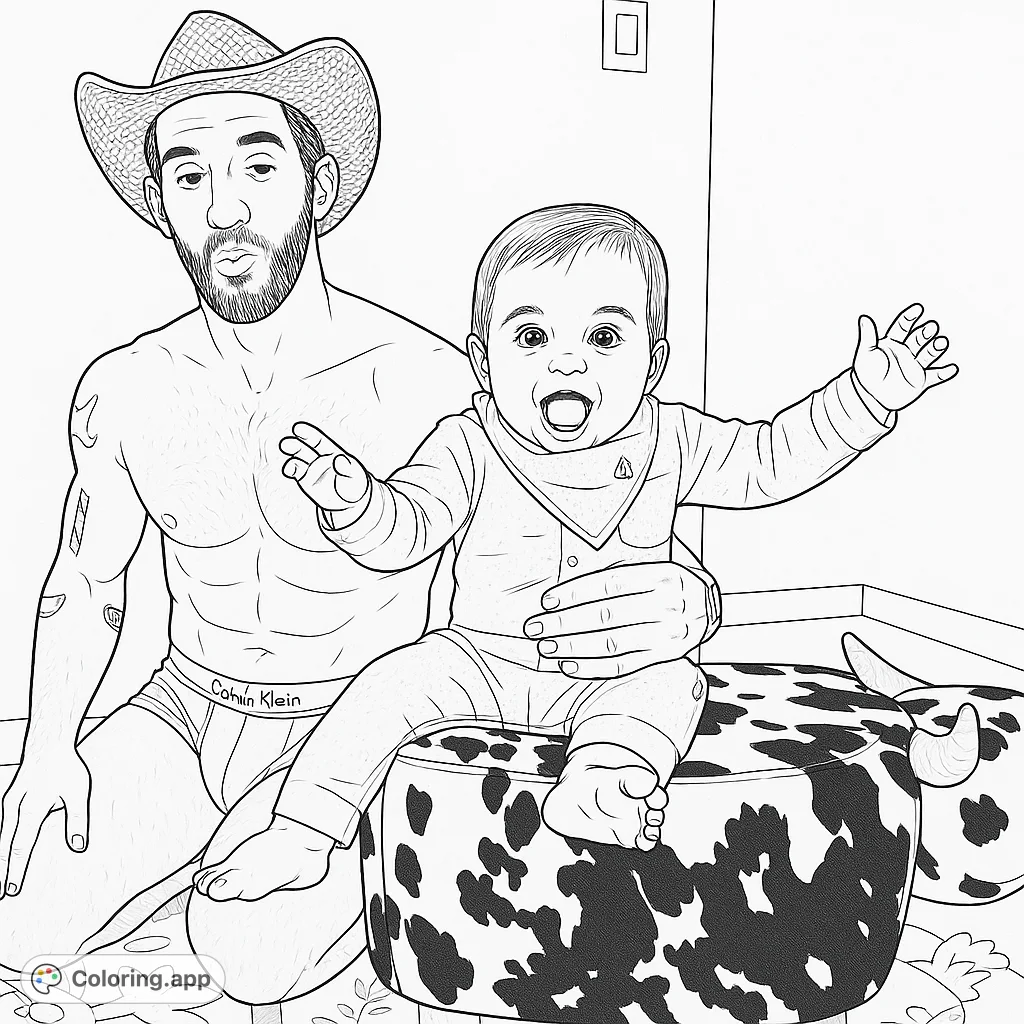 A fun coloring page of a cowboy and his baby! This adorable image is perfect for kids and adults who love cowboys and babies.