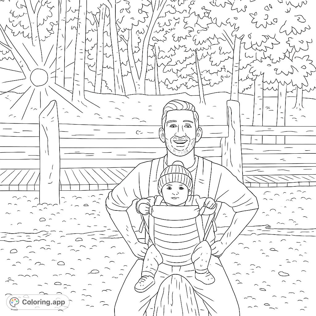 A heartwarming coloring page of a father and baby in nature. This sweet scene is perfect for family fun and creative expression.