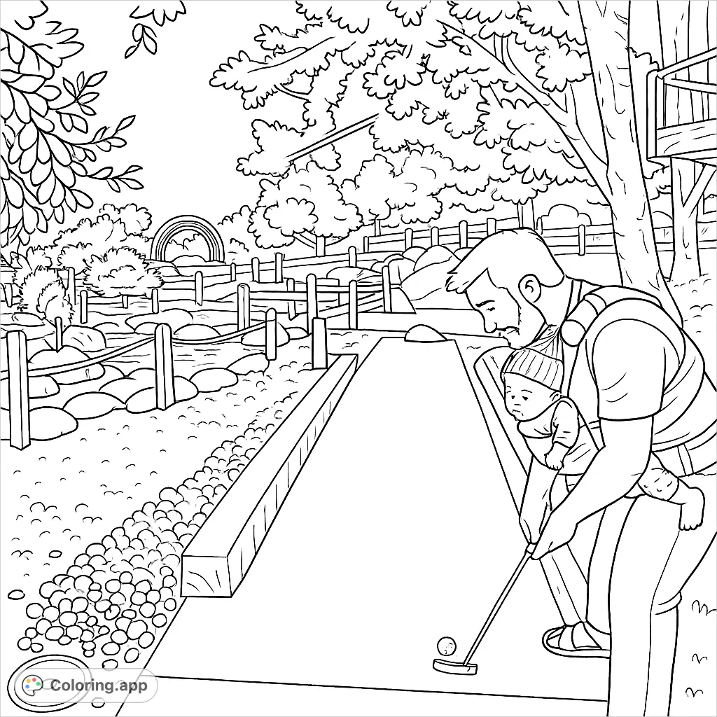 A fun day of mini golf with dad! This coloring page features a father and child enjoying a round on a scenic course.