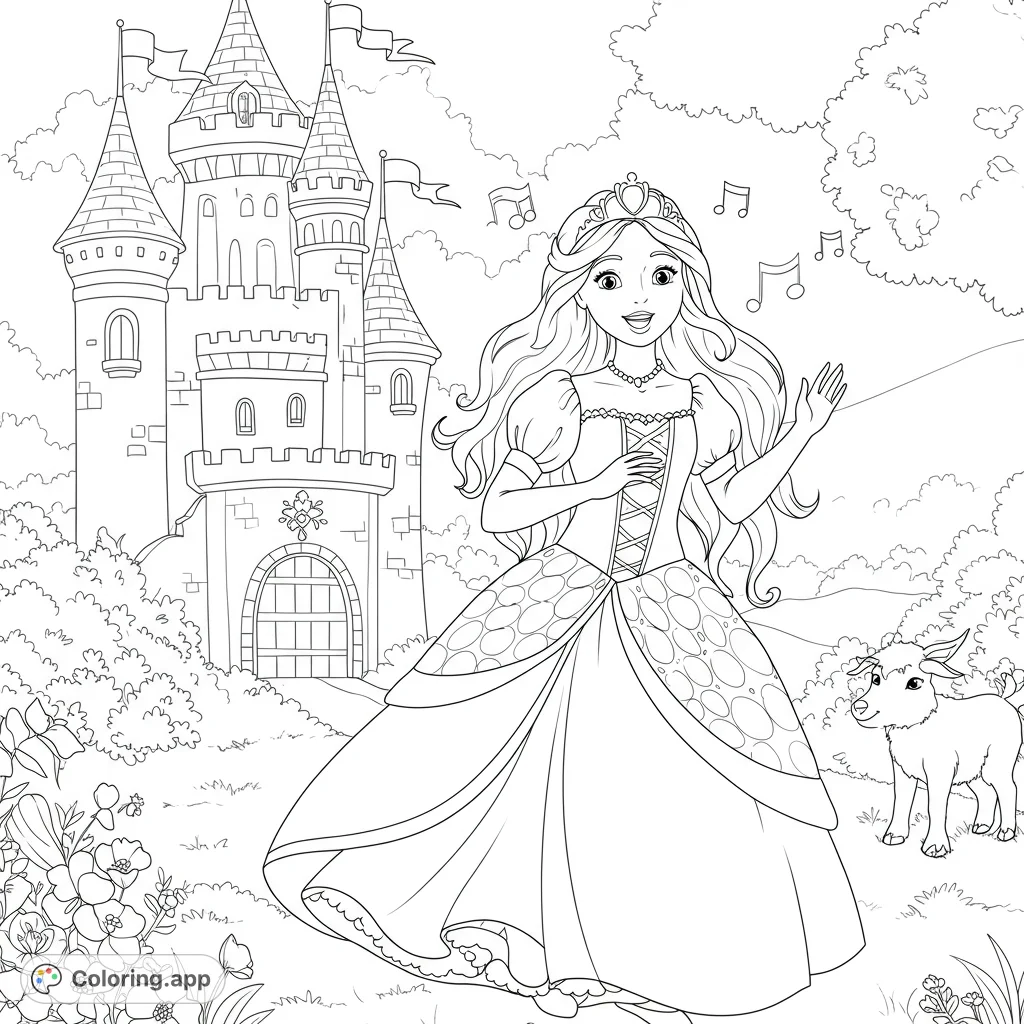 A brave princess sings in front of her castle. This coloring page is perfect for kids who love fantasy and fairy tales.