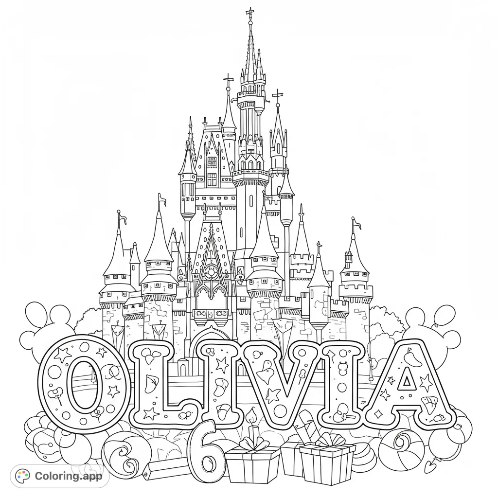 Celebrate Olivia's 6th birthday with a magical Disney World castle coloring page! Features the name Olivia in a playful font.
