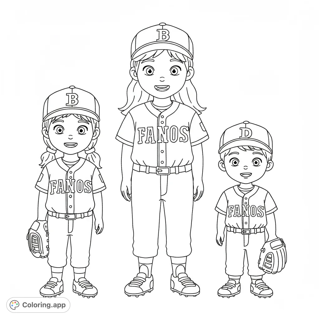 Adorable baseball players! A 7-year-old girl and two young boys in baseball uniforms, ready to color.