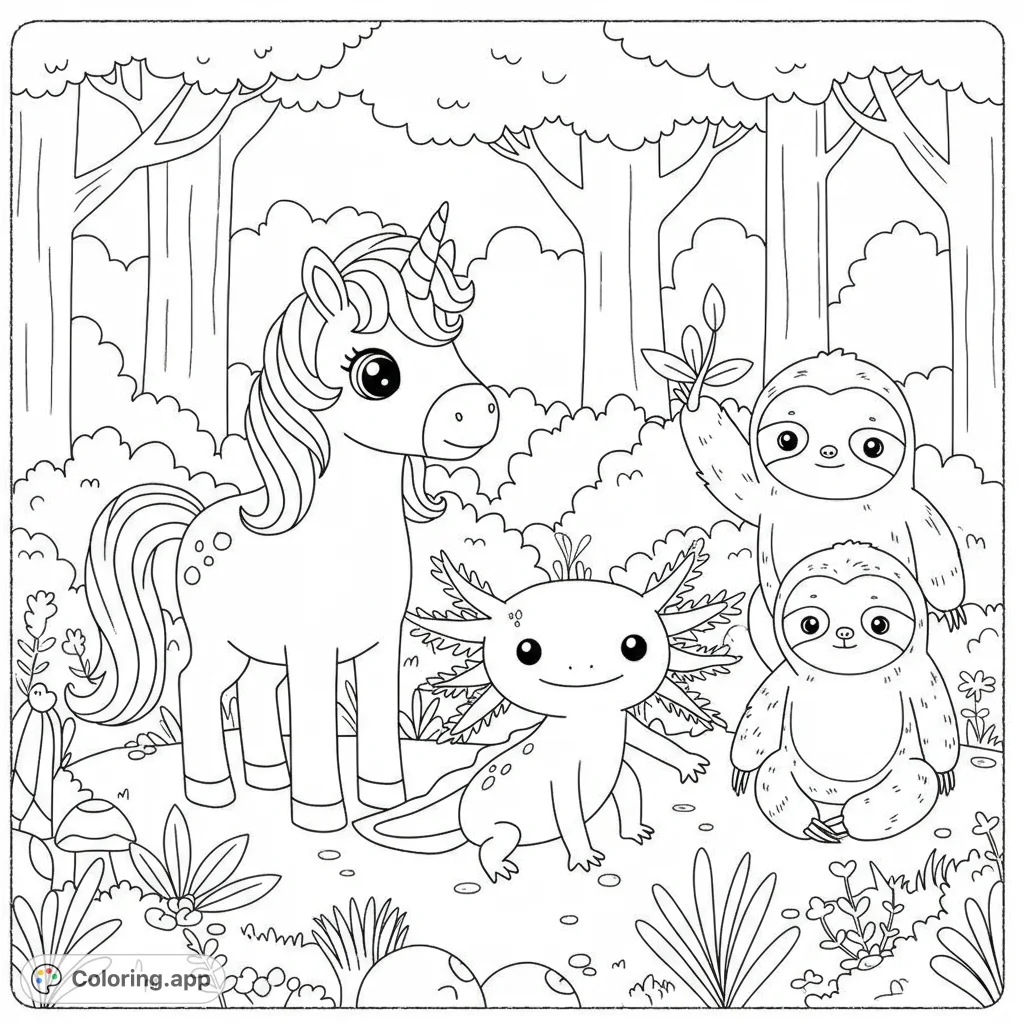 Discover a magical forest gathering with a cute unicorn, a friendly axolotl, and two charming sloths. A delightful free printable coloring page for all ages!