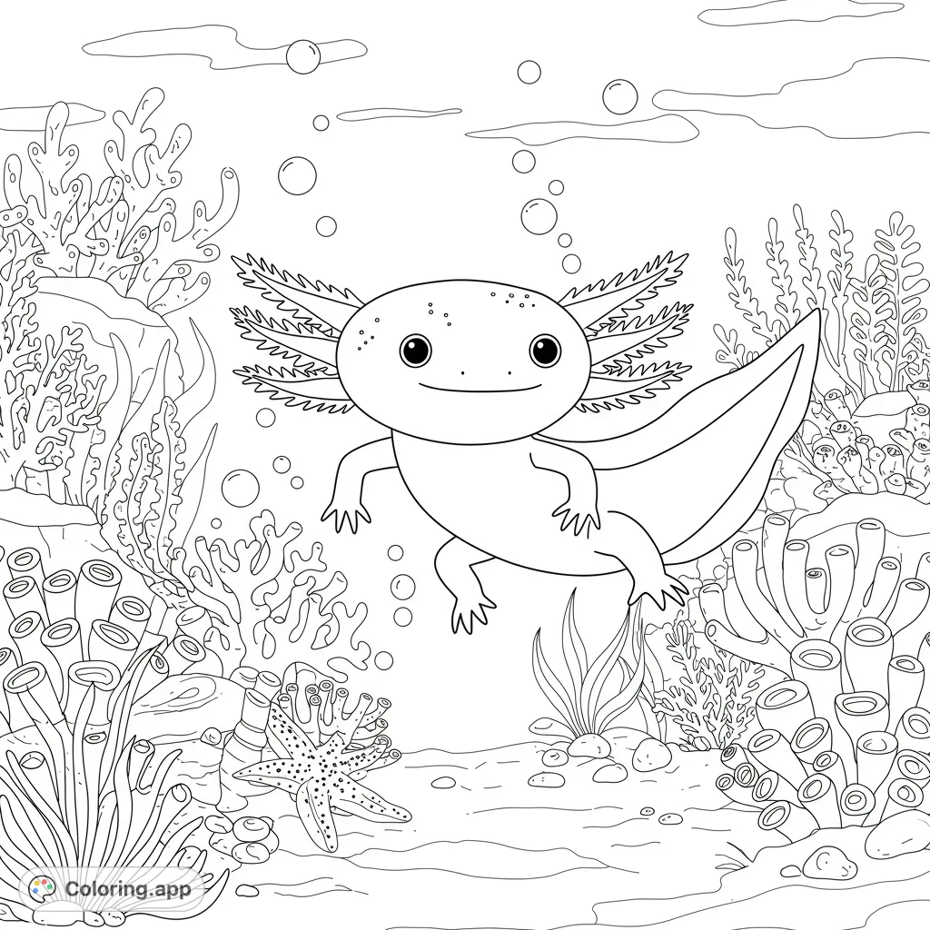 A charming axolotl floats amidst vibrant corals and sea plants in a delightful underwater scene, perfect for a free printable axolotl coloring page.