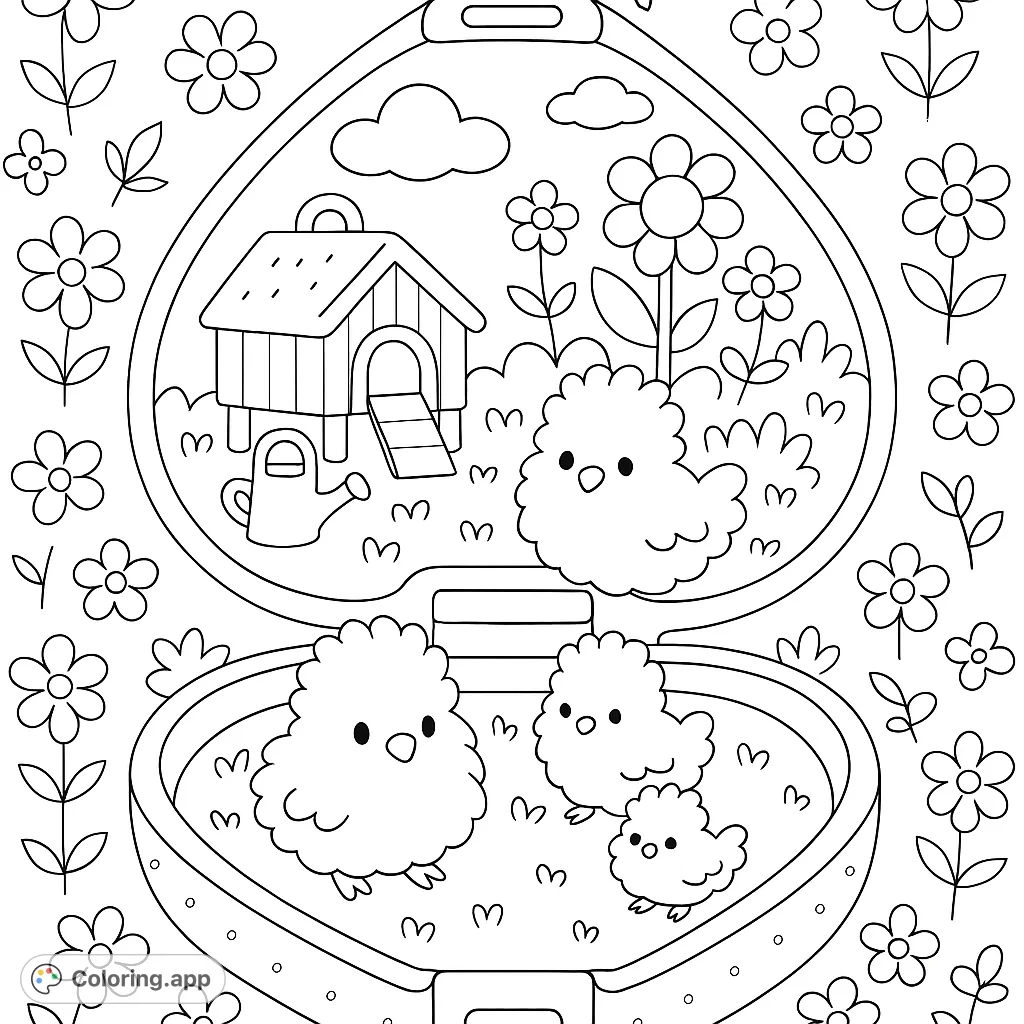 Delightful Polly Pocket-style coloring page featuring cute chicks, a chicken coop, and a charming floral background. Perfect for Easter or spring-themed fun!