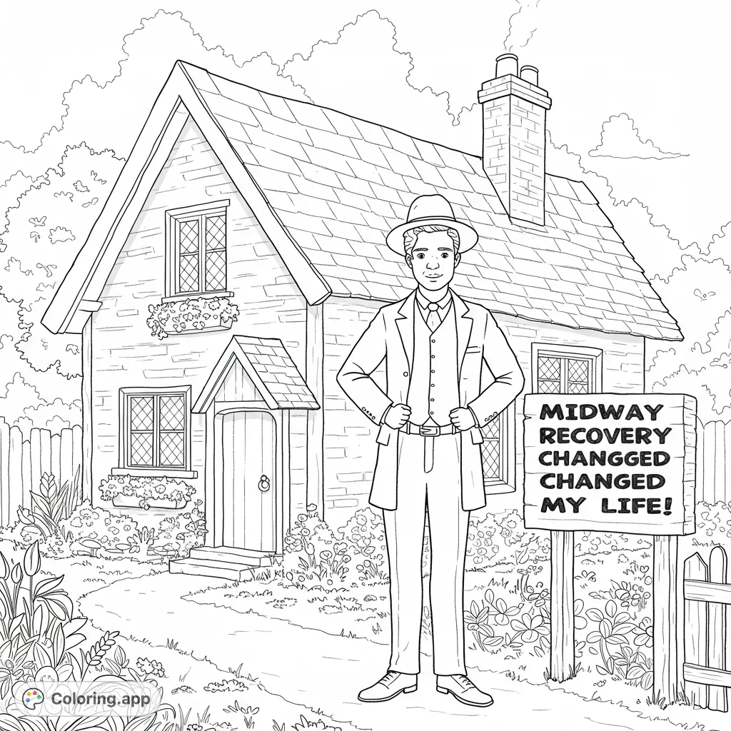 Proud man stands before a cottage. Features clean lines, detailed areas, and open spaces for coloring.