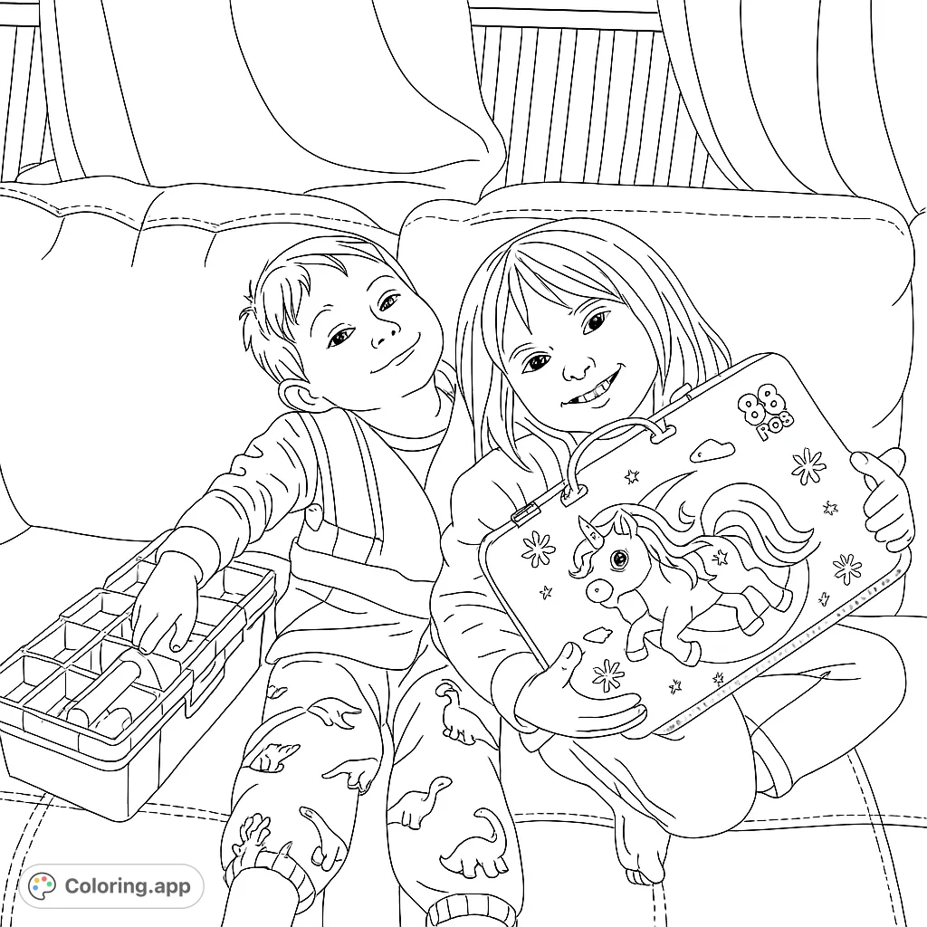 A brother and sister with their toys. One has a tool box and the other has a unicorn art set.