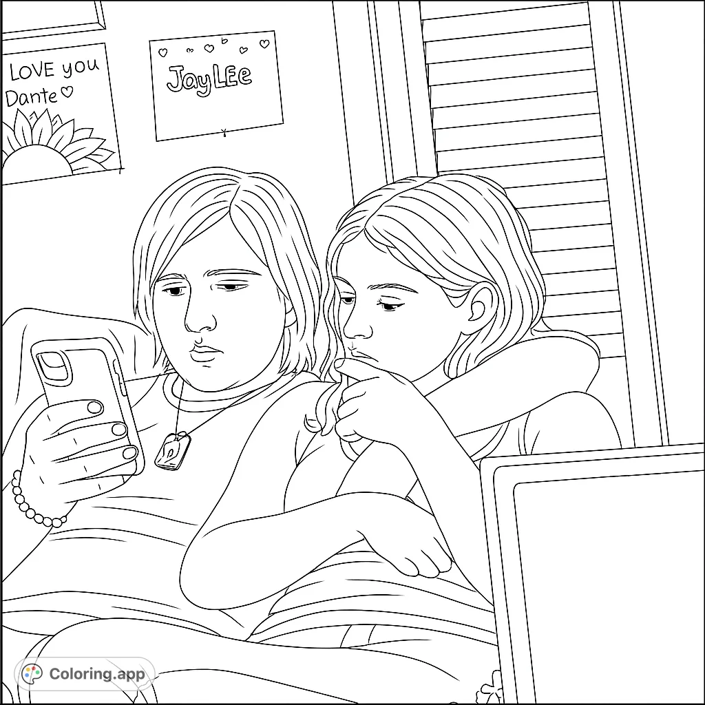 A cozy coloring page featuring two people relaxing together, one looking at a phone. A heartwarming scene to color and enjoy.