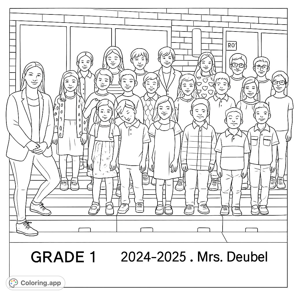 A class photo of first graders with their teacher. A fun and engaging coloring activity for kids who love school and group scenes.
