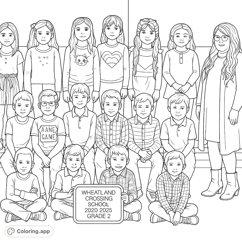 A class of second grade students with their teacher. A fun group photo to color for kids.