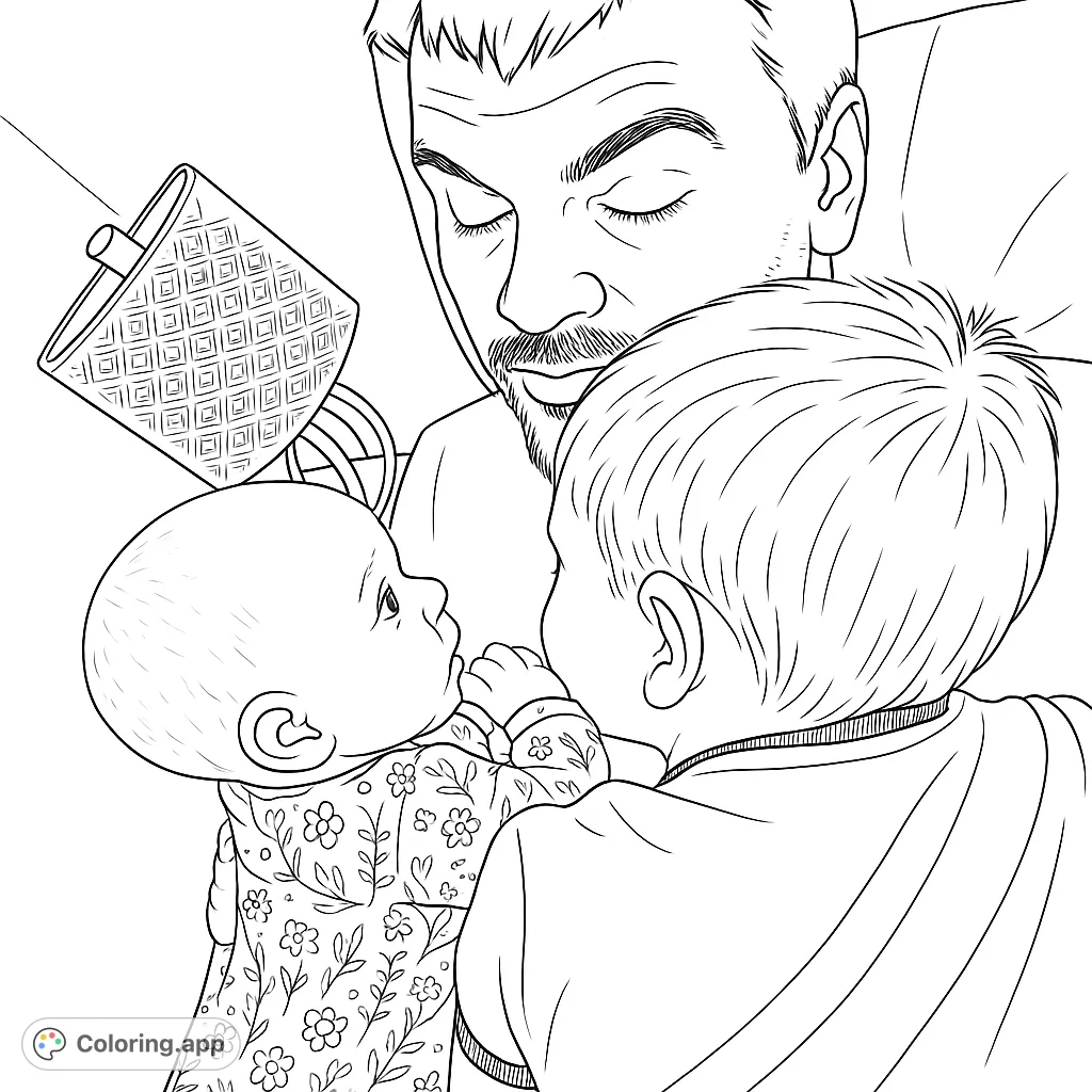 A heartwarming coloring page of a father holding his baby while his son looks on. A beautiful family moment to color and enjoy.