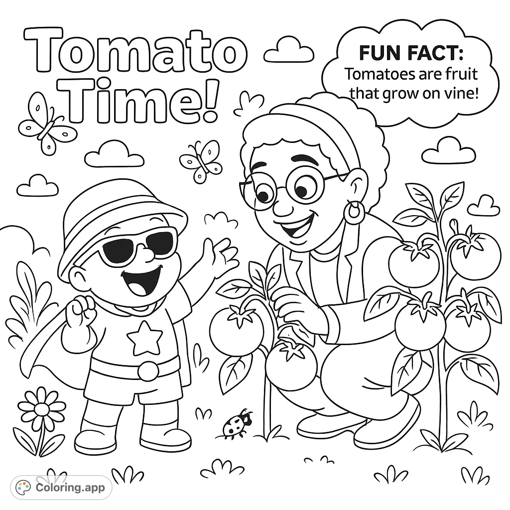 Enjoy coloring this cute illustration of a child and teacher tending to a tomato plant with a fun fact! Great for kids who love gardening.