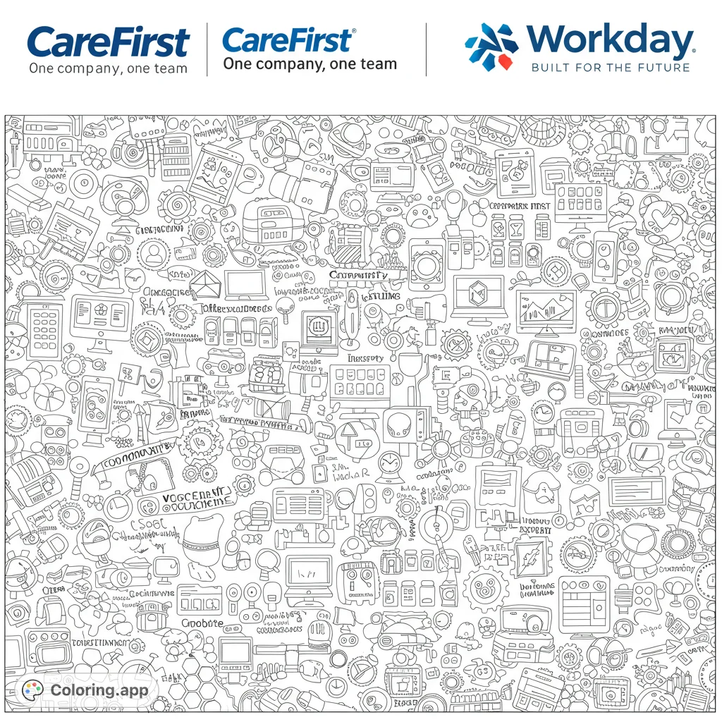 Intricate adult coloring page featuring tech icons and Workday/CareFirst logos. Includes keywords like 'Innovation' and 'Customer First'.