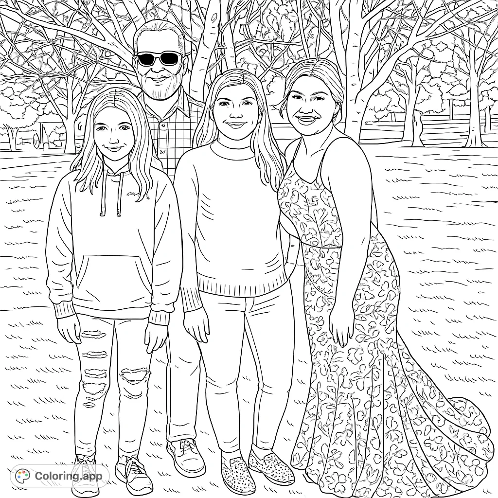 A happy family of four poses for a picture in front of a tree. A great coloring page for family fun and creativity.