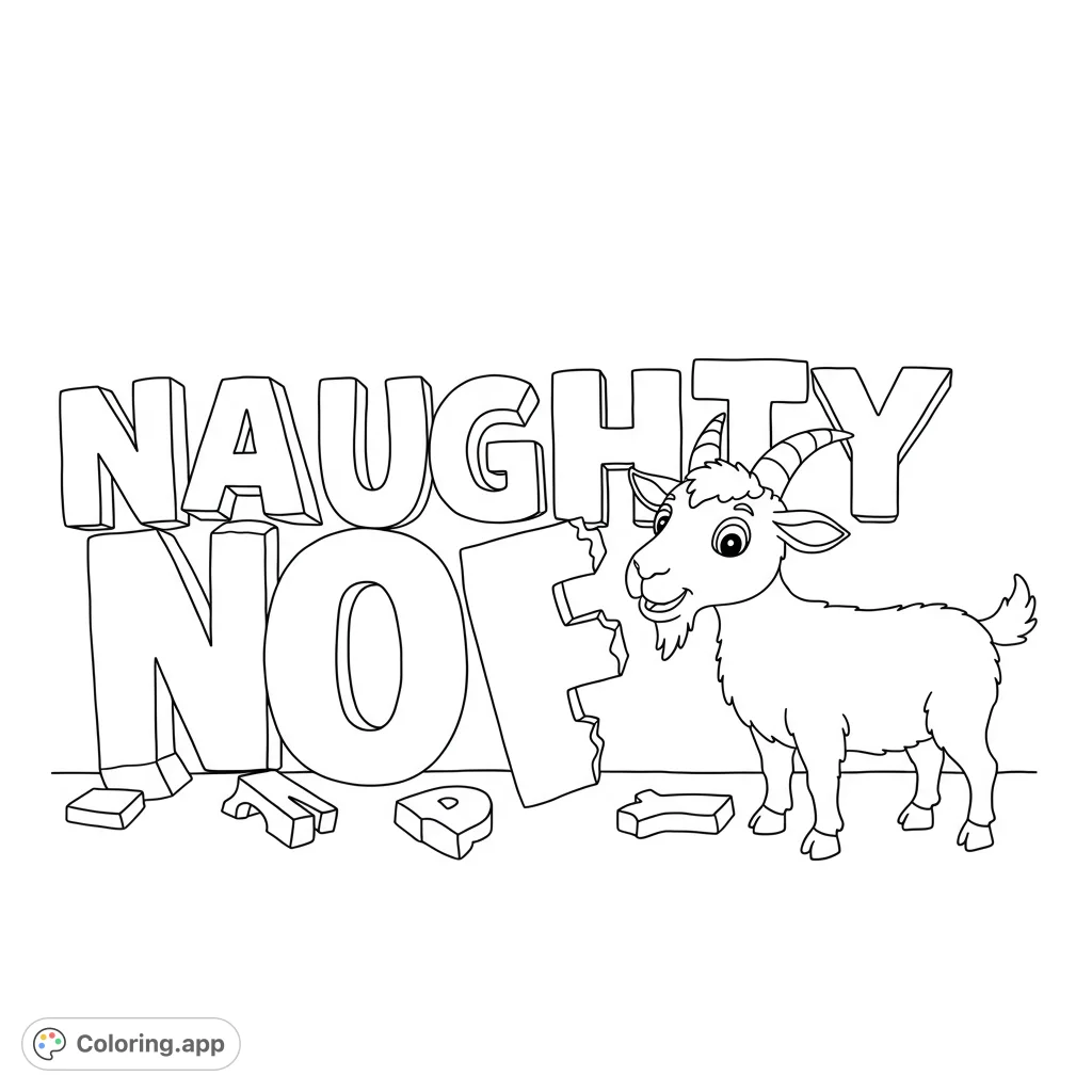 A mischievous cartoon goat chews on "Naughty" letters! This fun black and white line art coloring page features bold lines, playful details, and open spaces for creative coloring.