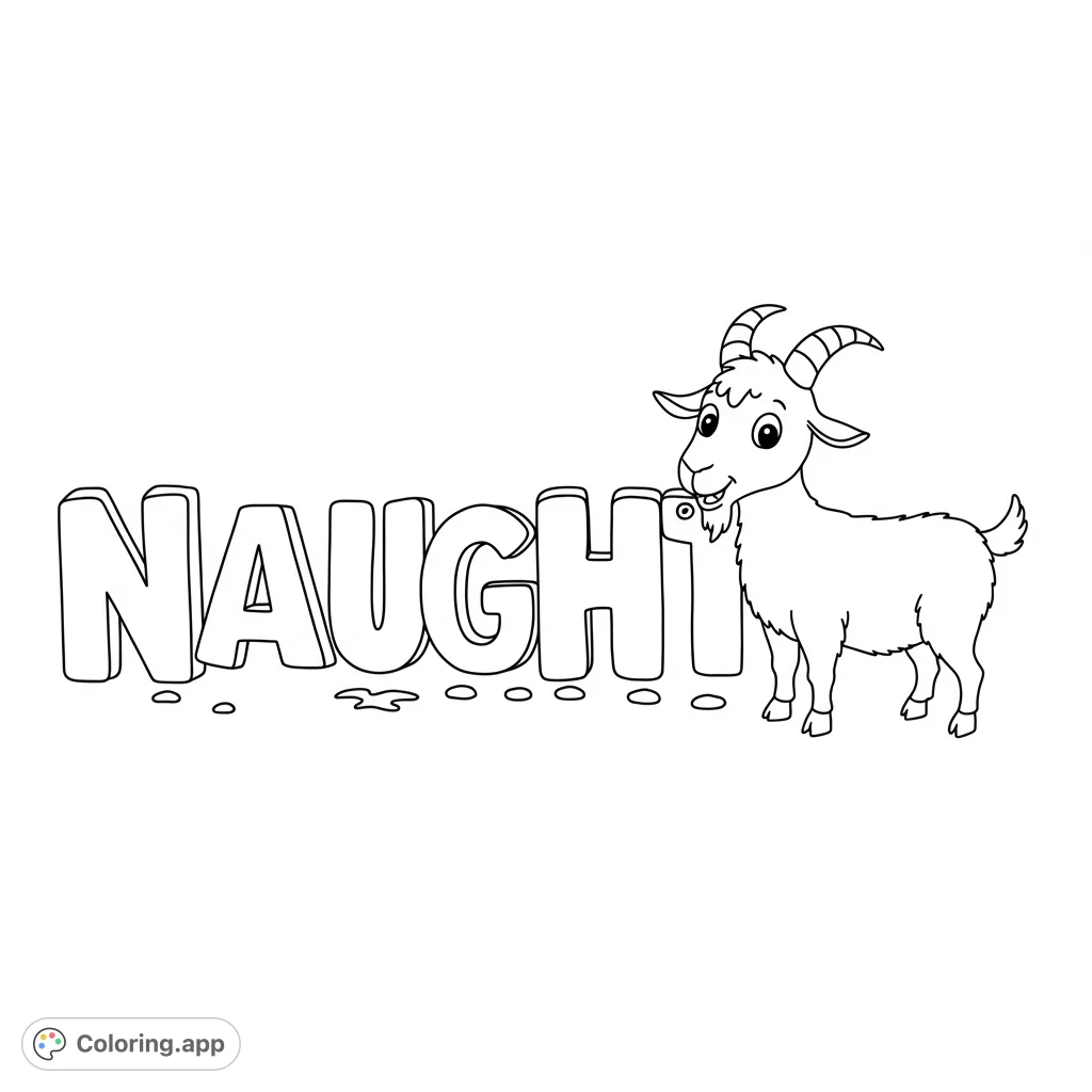 A mischievous cartoon goat chews on "Naughty" letters! This fun black and white line art coloring page features bold lines, detailed areas, and open spaces for creative coloring.