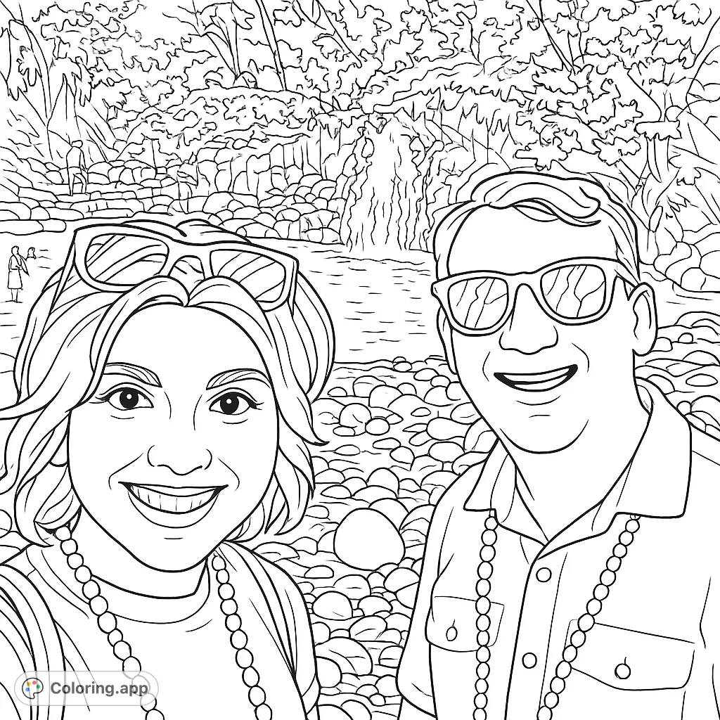 A happy couple poses in front of a tropical waterfall. This detailed coloring page captures a fun vacation moment.