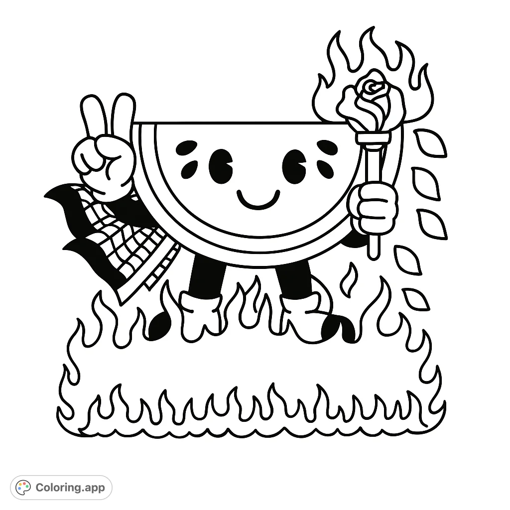 Whimsical watermelon character with a rose torch, standing on flames. A fun, quirky design to color!
