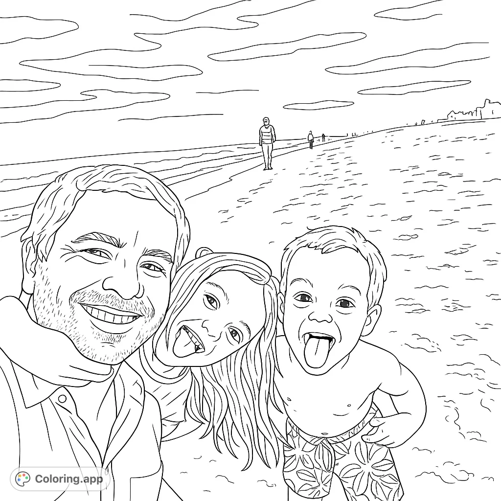A happy family selfie on the beach! Features a dad with his two kids, all smiling and enjoying a day at the shore.
