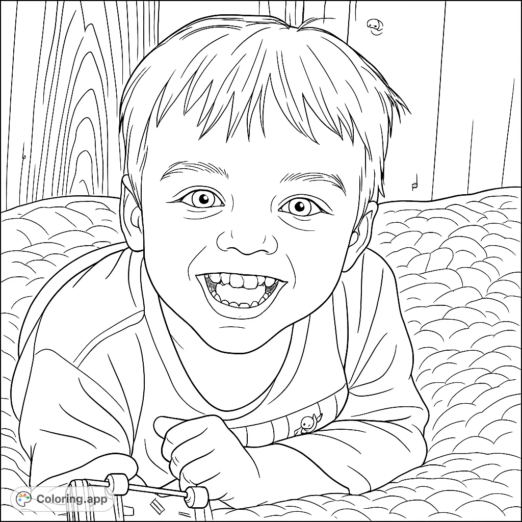 A cute toddler smiles while playing with a toy car. This coloring page is perfect for young children who love cars and happy faces!