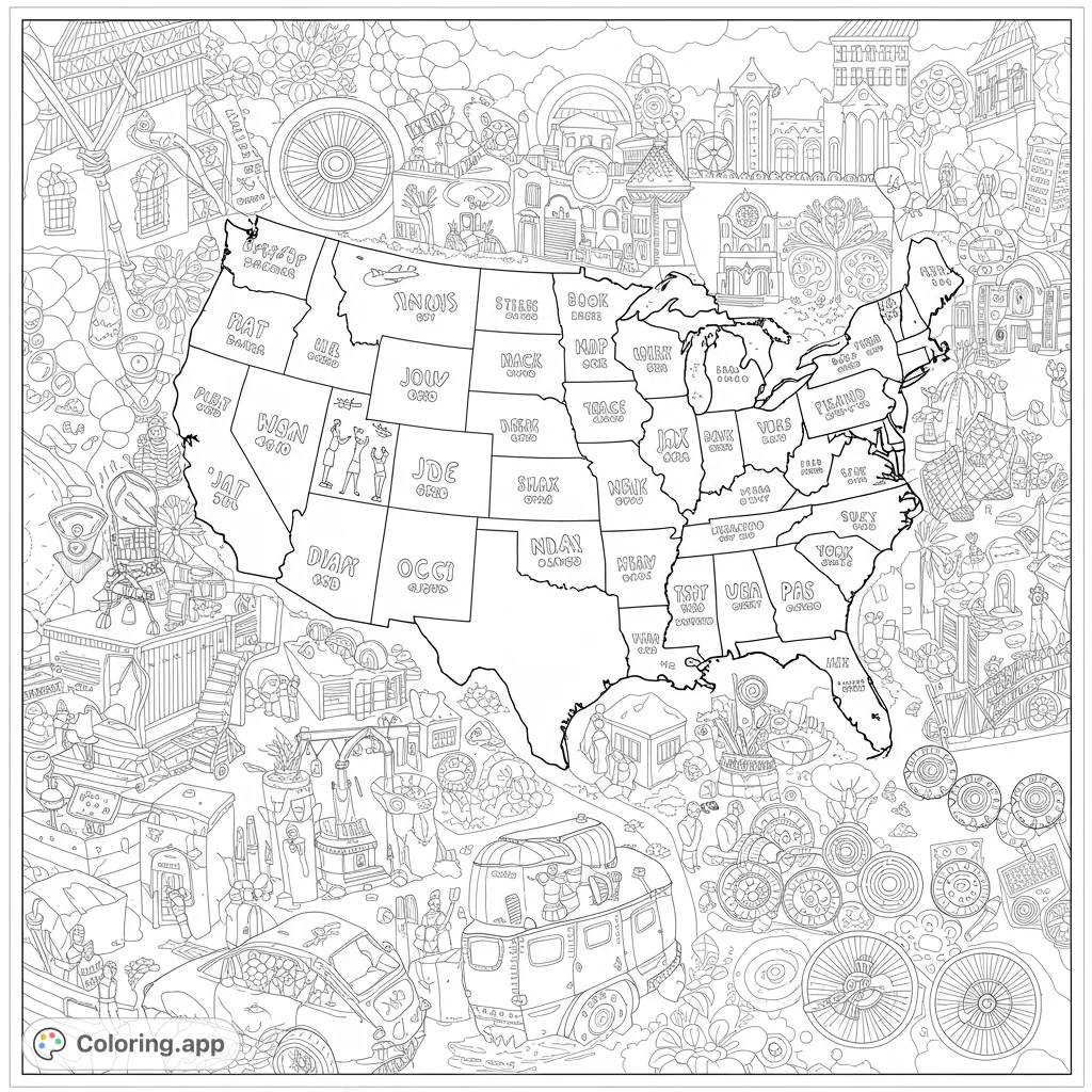 2025 US Event: A detailed black and white line art coloring page. Features a significant event with clear lines and open spaces for easy coloring.