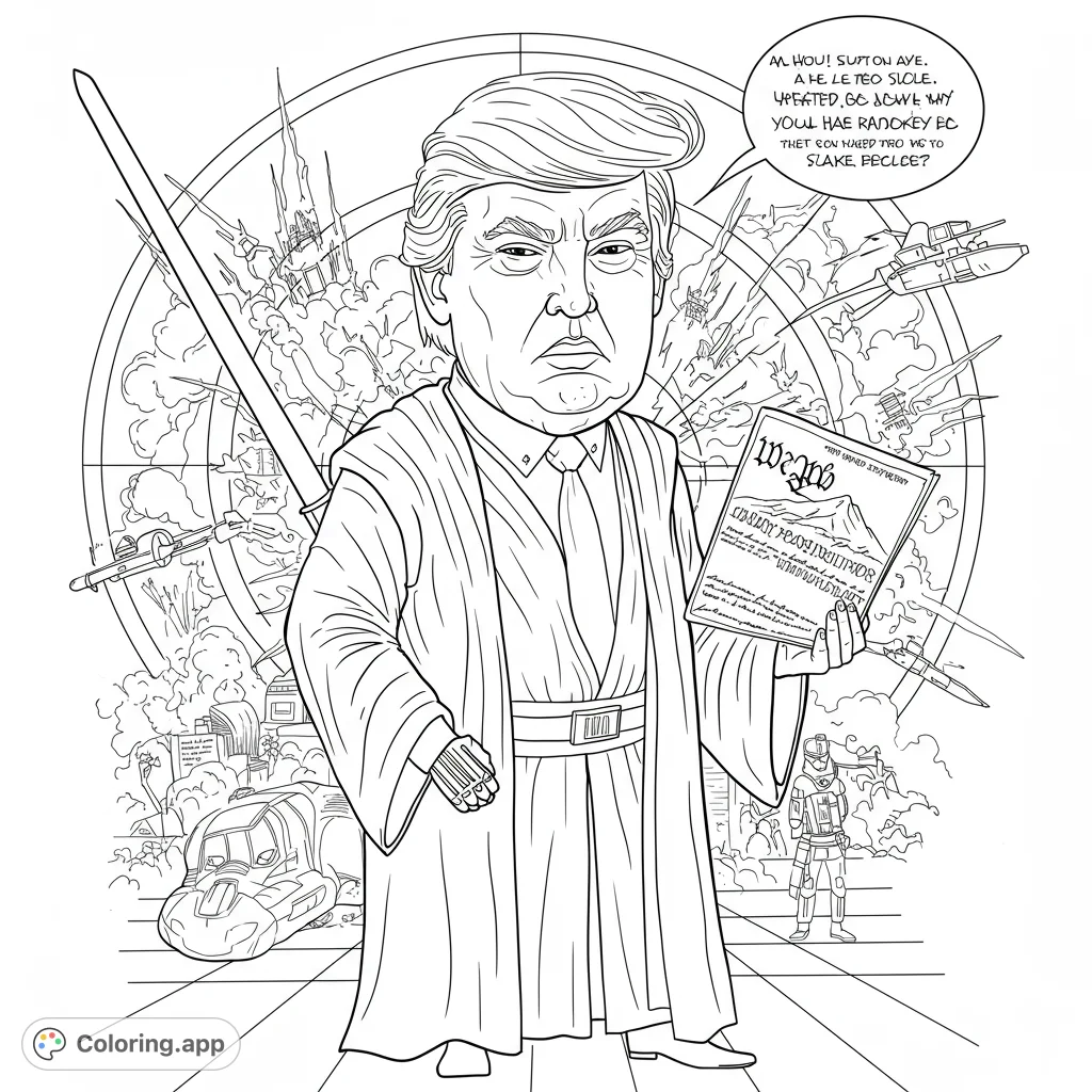 Sith Lord Trump coloring page! A detailed black and white line art drawing of Trump as a Star Wars Sith, holding the Constitution, ordering an attack on LA.