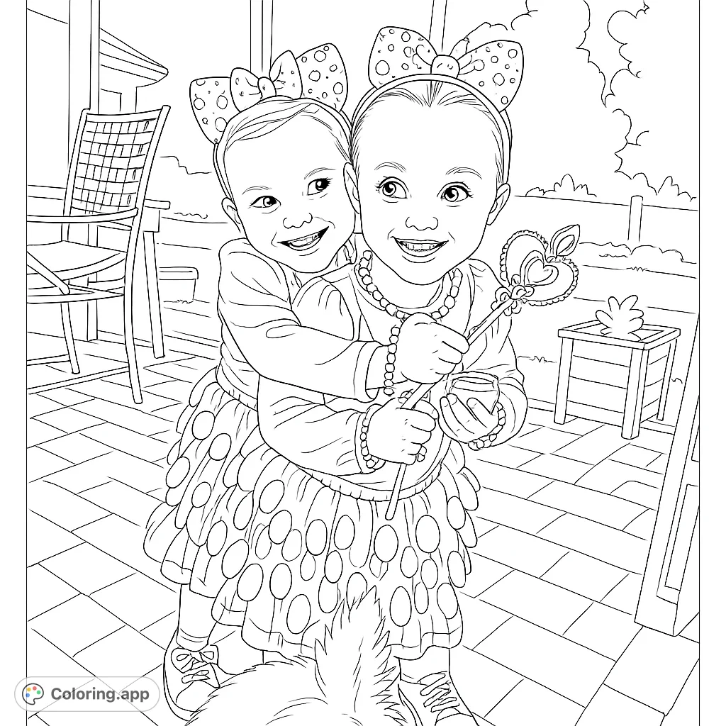 Two smiling girls in mermaid costumes hug, holding a wand. A fun coloring page for kids who love dress-up, fantasy, and imaginative play.